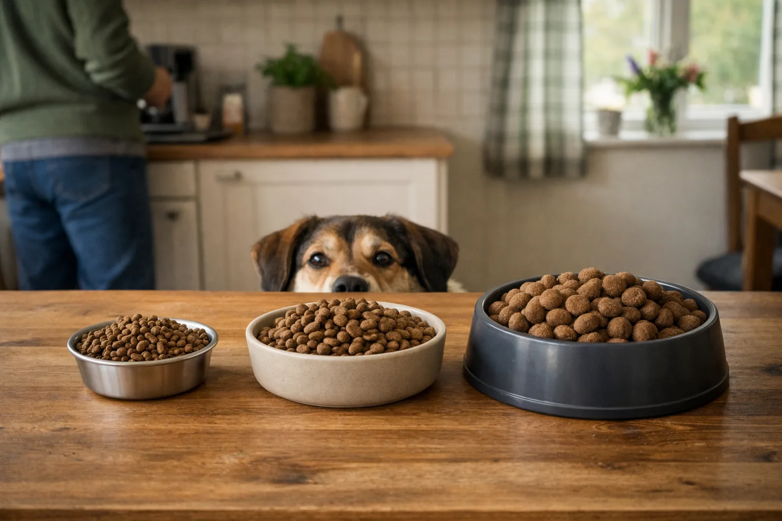 tre olika skålar med torrfoder i olika storlekar kibble står på ett köksbord i rad, bakom dem tittar en hund över bordskanten