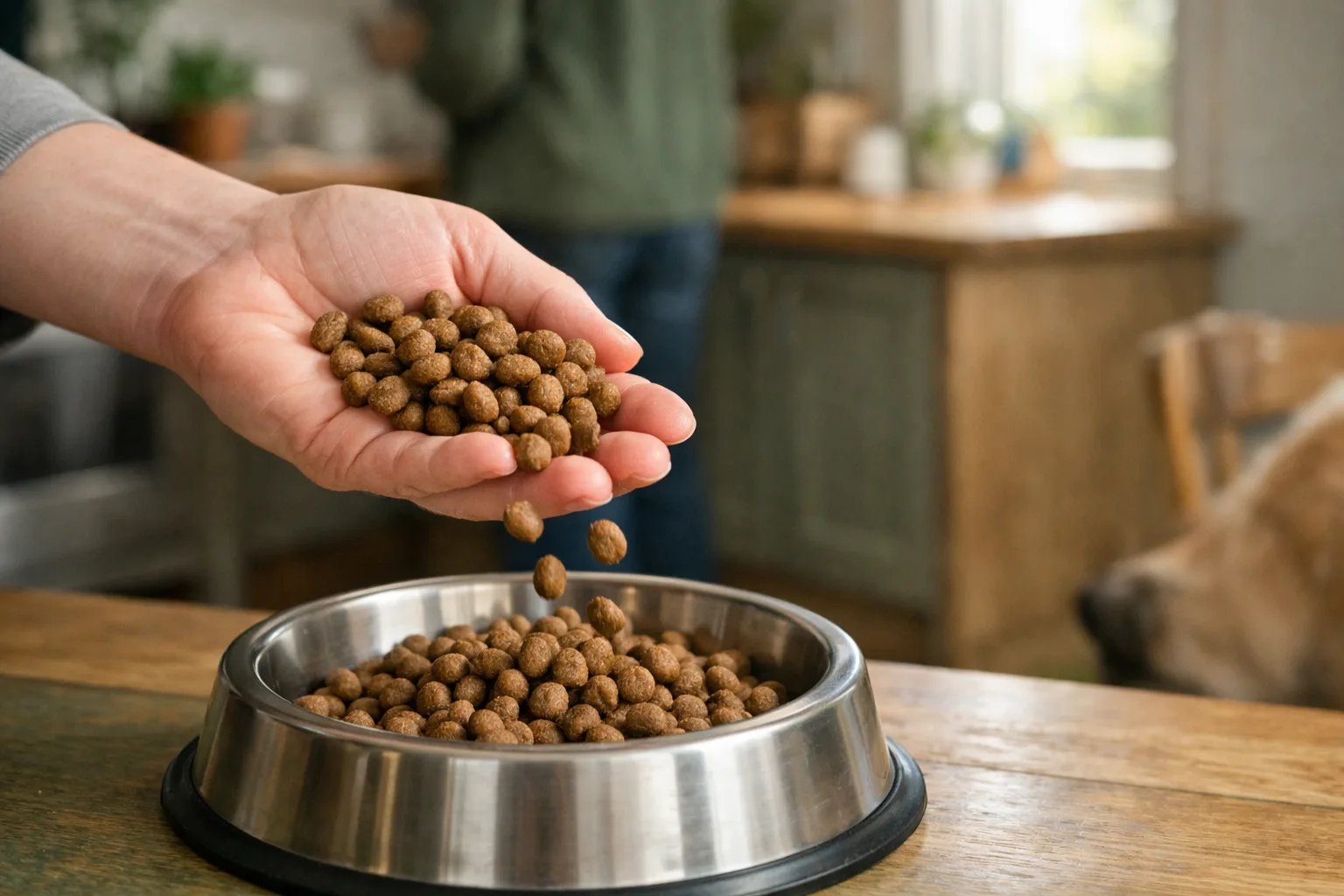 närbild på en kupad hand med torrfoder-kibble över en skål, mjukt dagsljus i ett svenskt kök