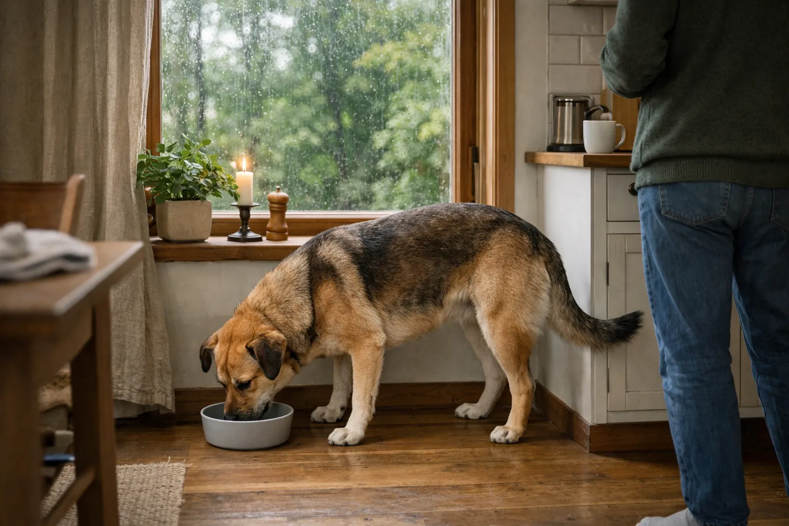 en hund äter ur en skål vid ett köksfönster en regnig svensk morgon, genom fönstret syns gröna träd