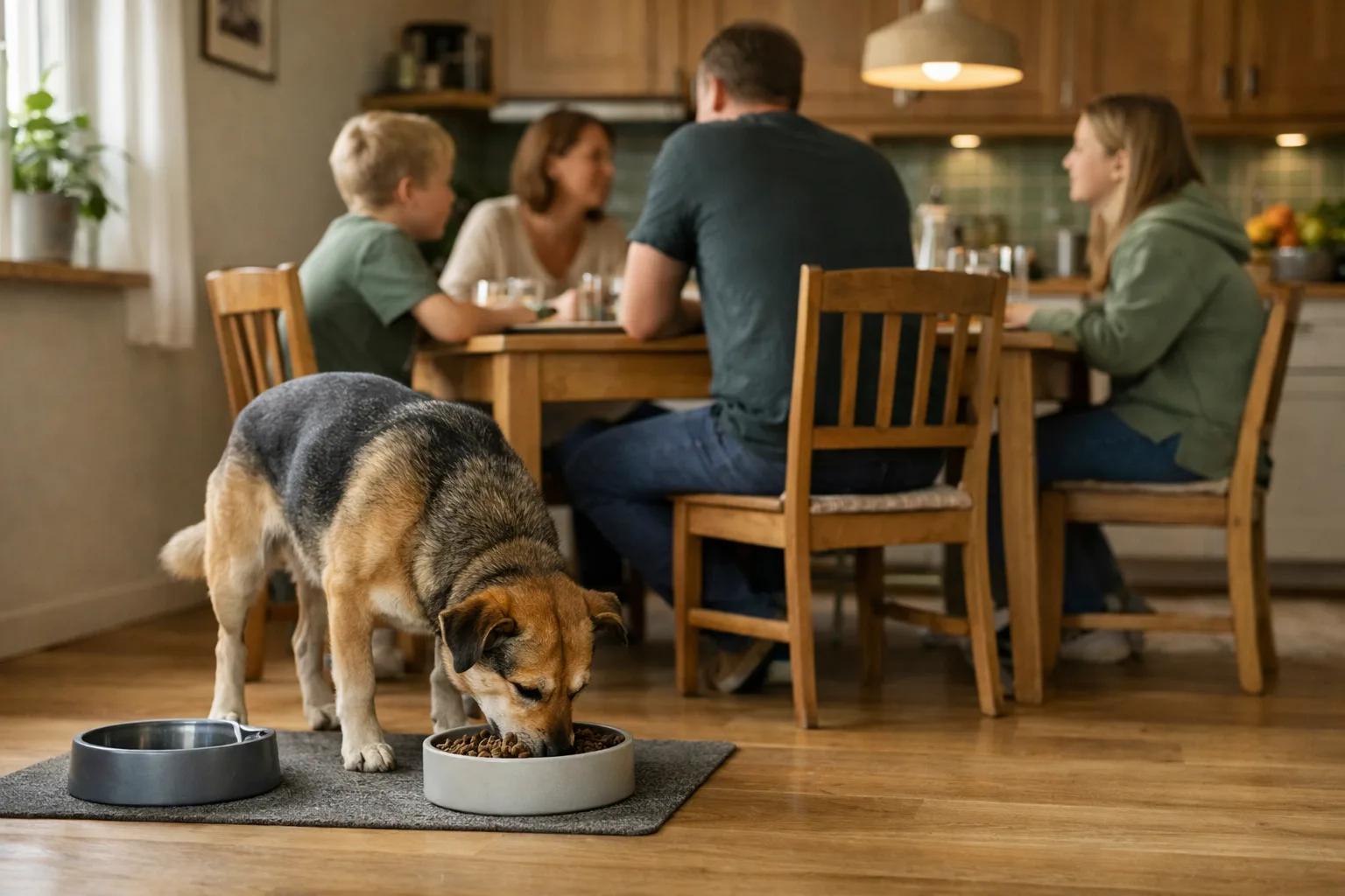 en familj sitter vid ett köksbord medan hunden äter vid sin skål, svensk vardag, ansikten ej i fokus