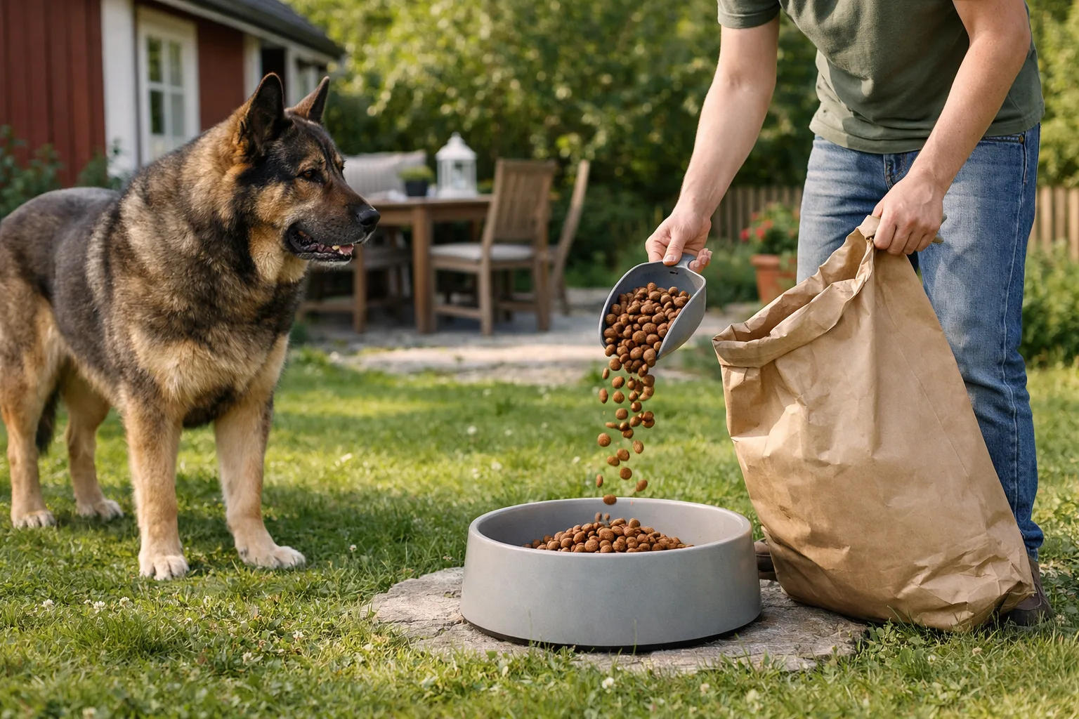 en stor hund står stilla i en trädgård medan en person mäter upp foder i en skål, svensk sommar