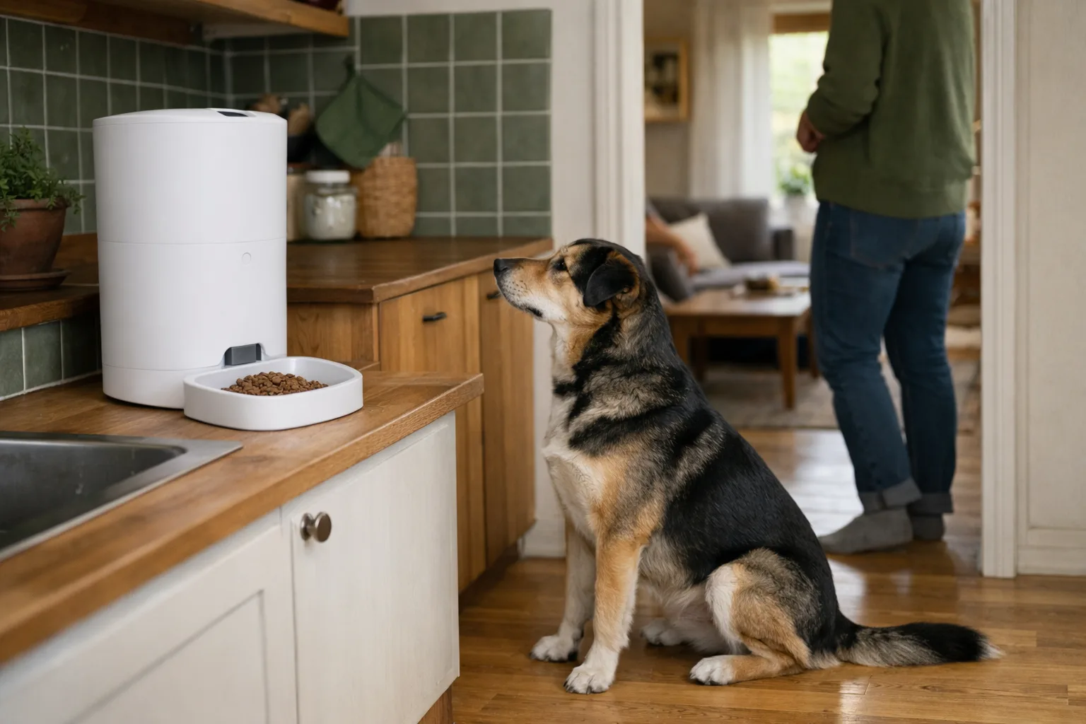 en automatisk foderautomat av vit plast på en bänk i ett svenskt hem, en hund väntar framför den