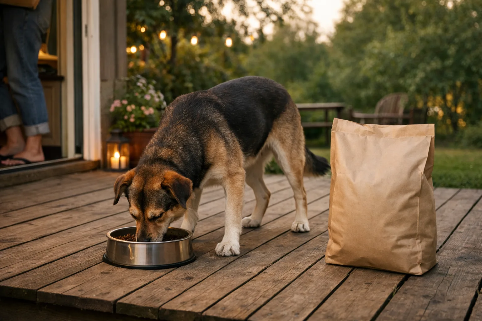 en hund äter ur en skål på en veranda en sommarkväll, en neutral foderpåse står bredvid