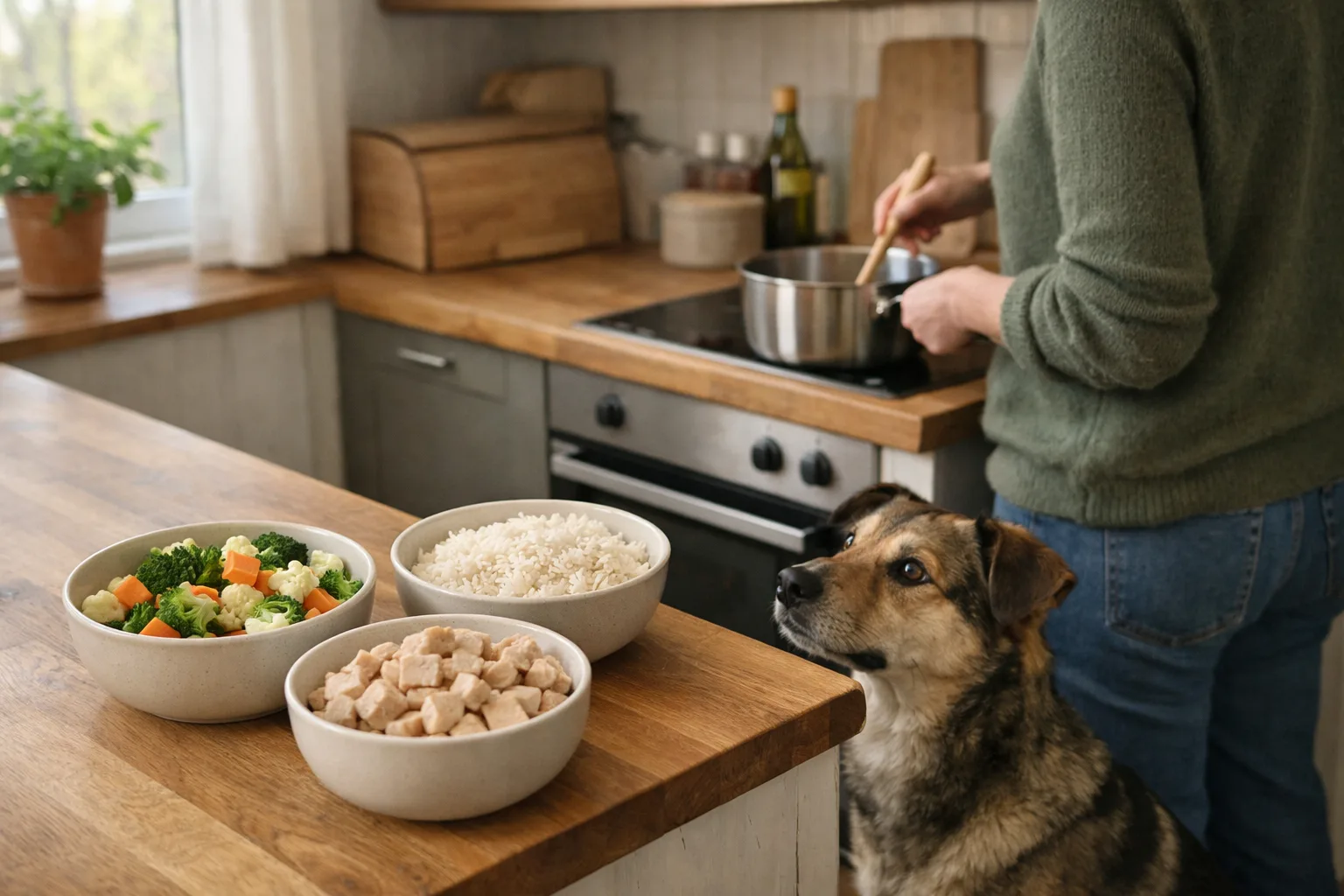 kokta grönsaker, ris och mager kyckling i skålar på en köksbänk, en person rör i en kastrull, hunden väntar