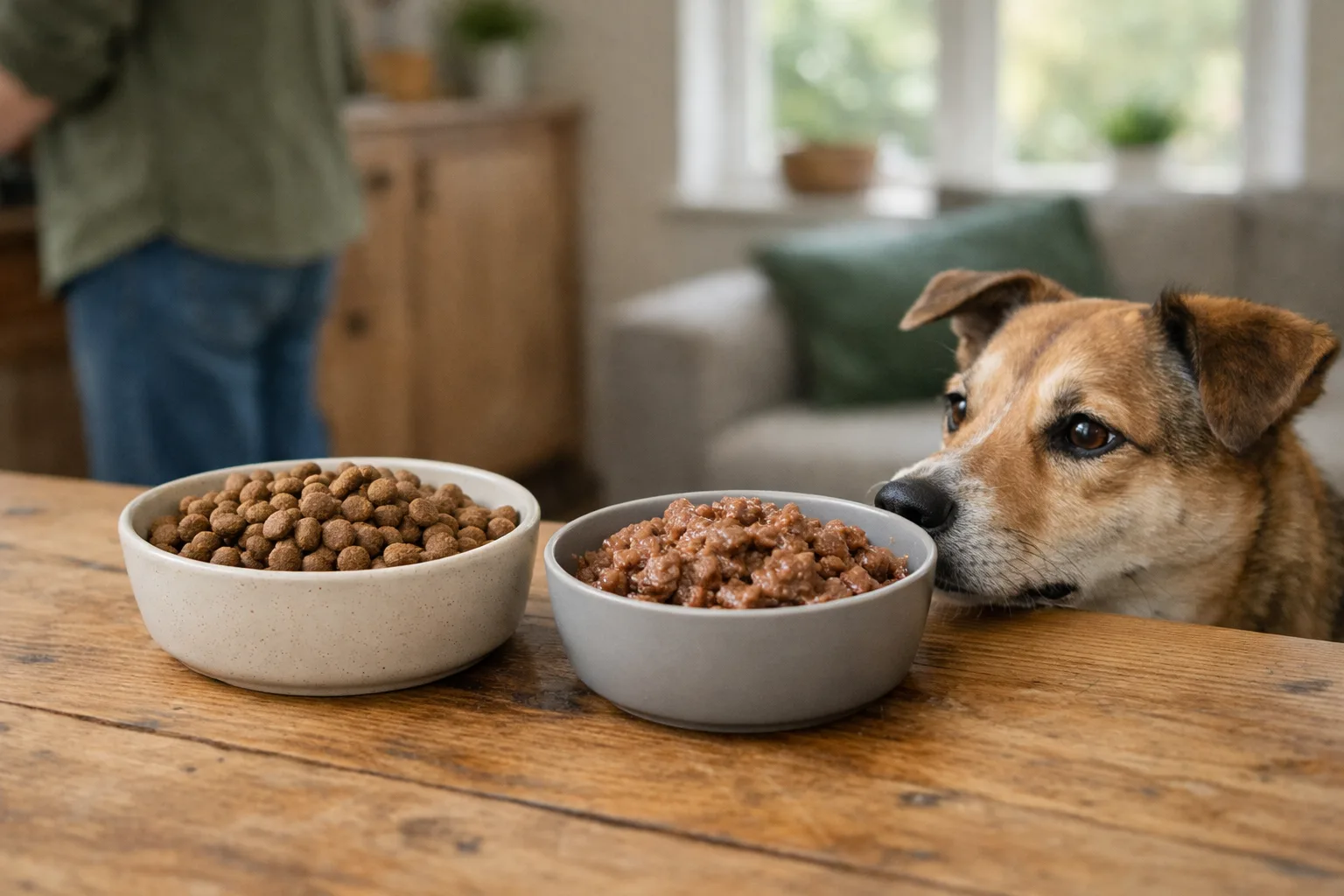 en skål torrfoder och en skål våtfoder bredvid varandra på ett träbord, en hund tittar på från sidan