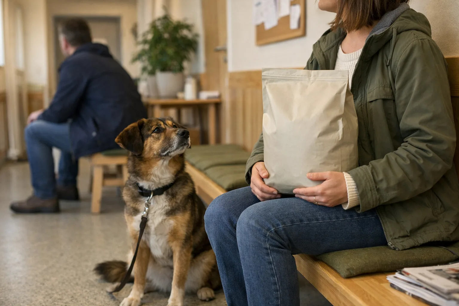 en hund och en person i en veterinärmottagnings väntrum, en person håller en neutral foderpåse