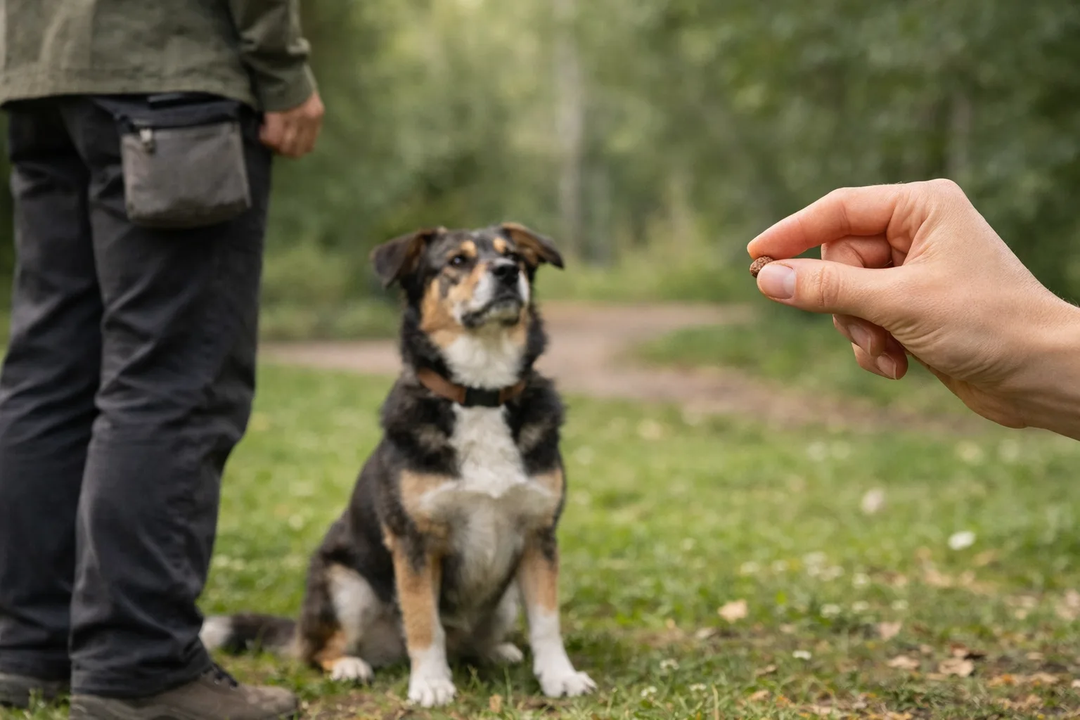 en hand håller fram en liten godisbit för en hund som sitter under träning i en park