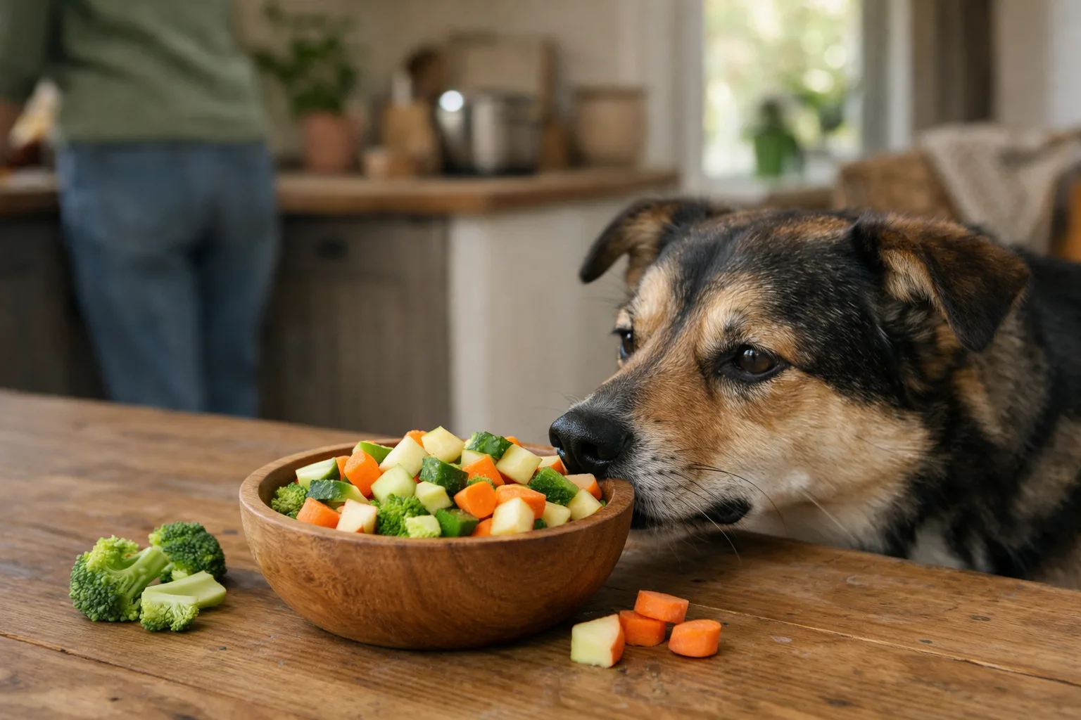 små godisbitar av grönsaker och frukt i en träskål på ett bord, en hund sniffar nyfiket