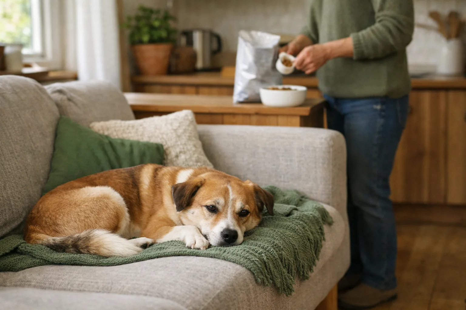 en hund ligger lugnt på en soffa i ett svenskt hem medan en person i bakgrunden mäter upp en liten portion foder