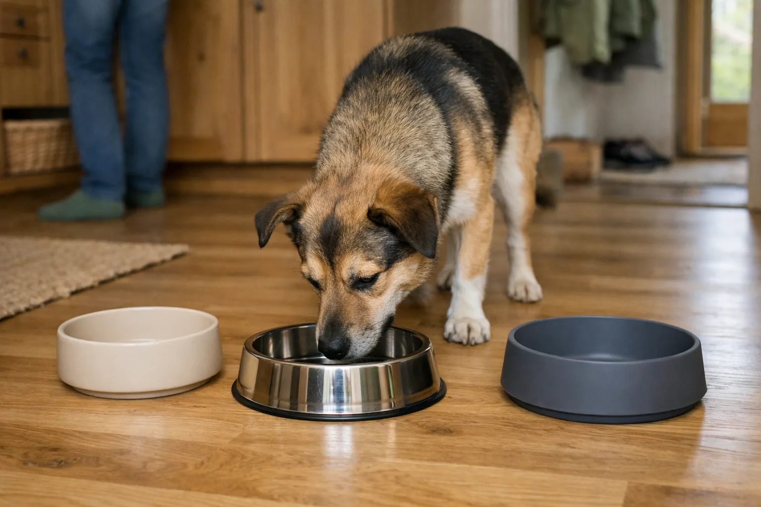 tre matskålar i keramik, rostfritt och silikon på ett köksgolv, en hund sniffar på den rostfria