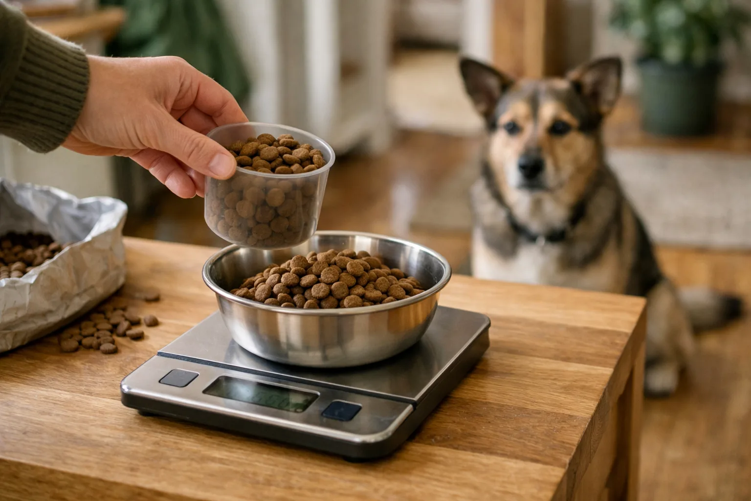 en digital köksvåg med en skål med kibble på, en hand håller en mätkopp, hunden väntar i bakgrunden