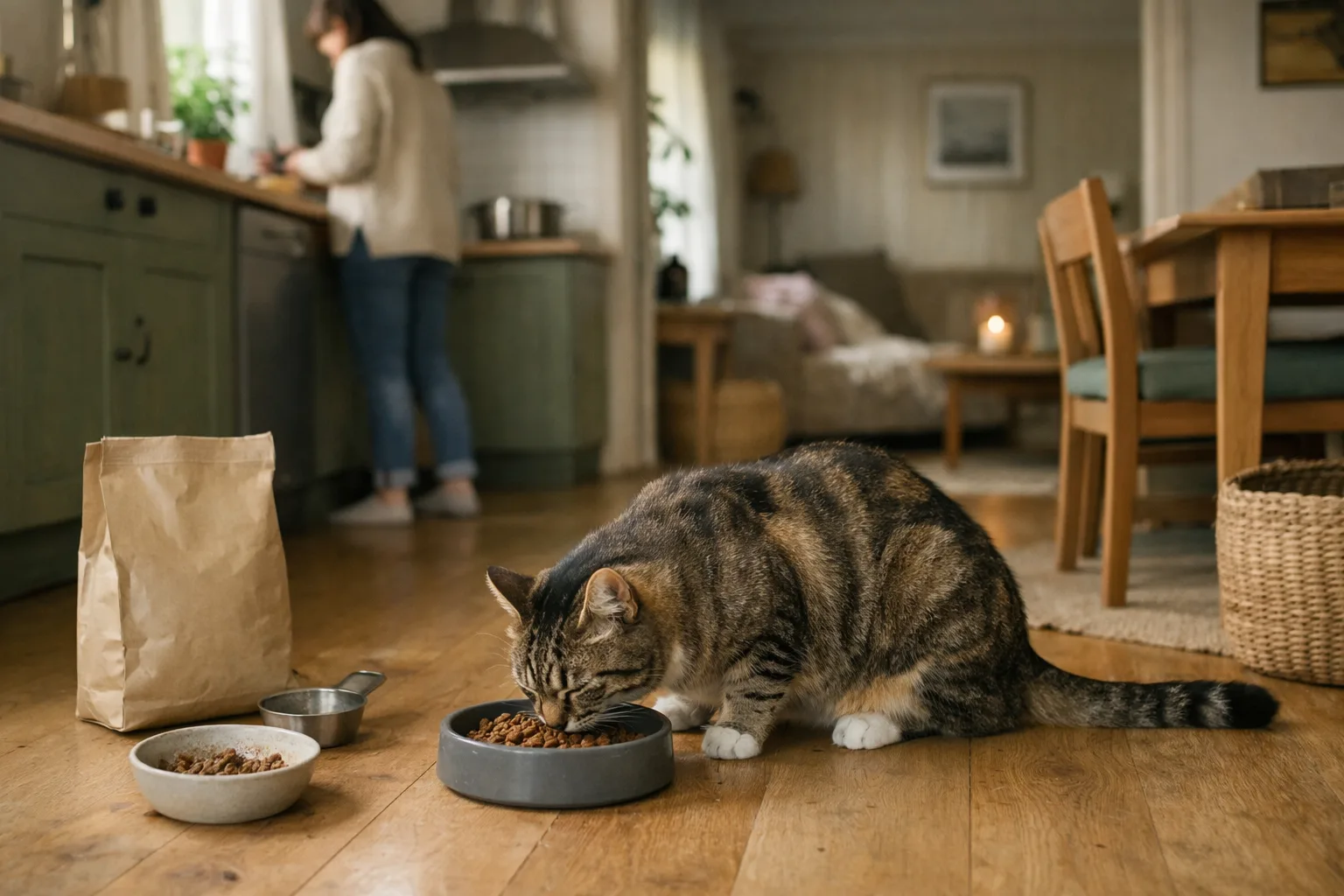 en vuxen katt vid en matskål i ett svenskt hem, mjukt ljus