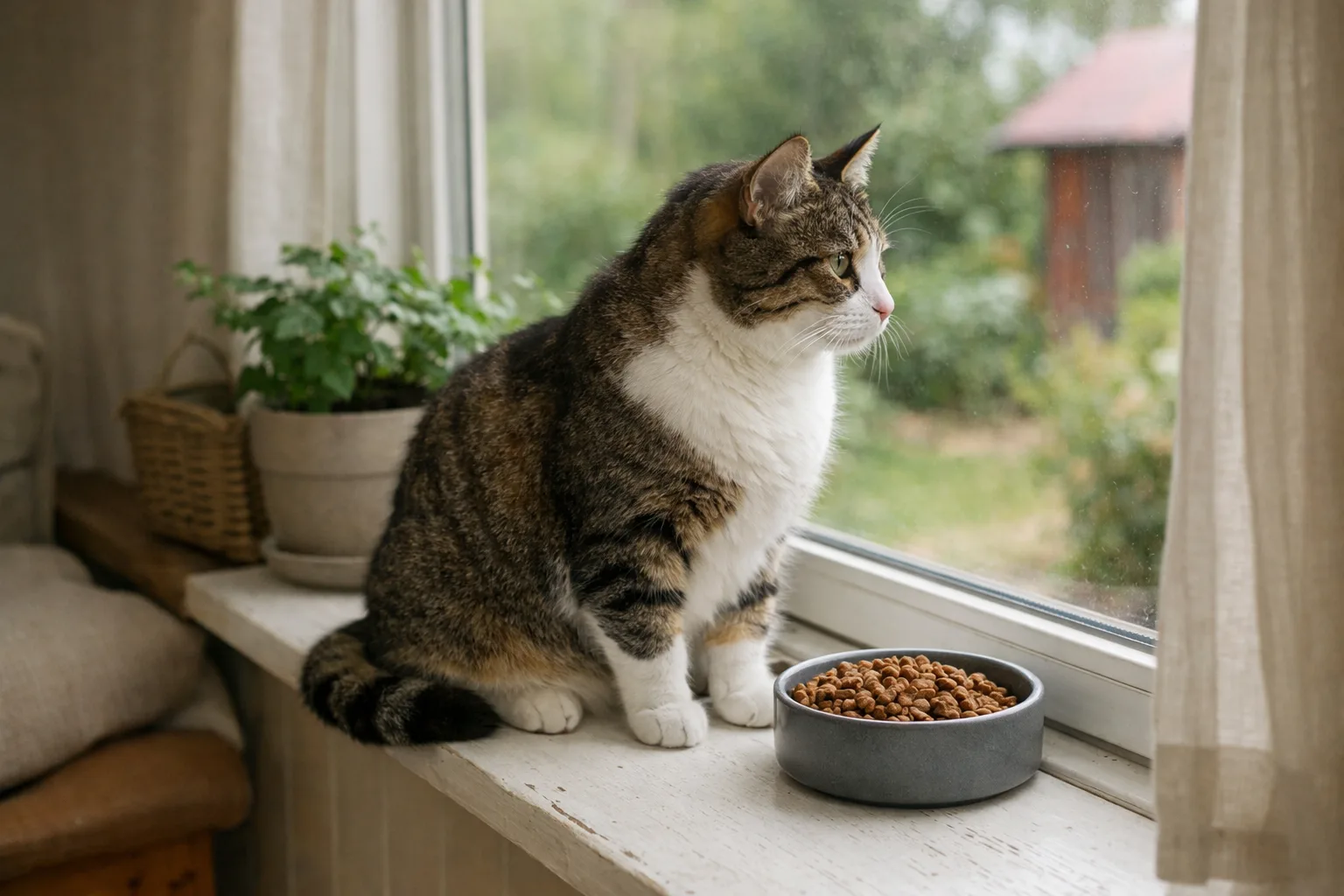 en katt sitter vid en fönsterbräda bredvid en skål med kibble