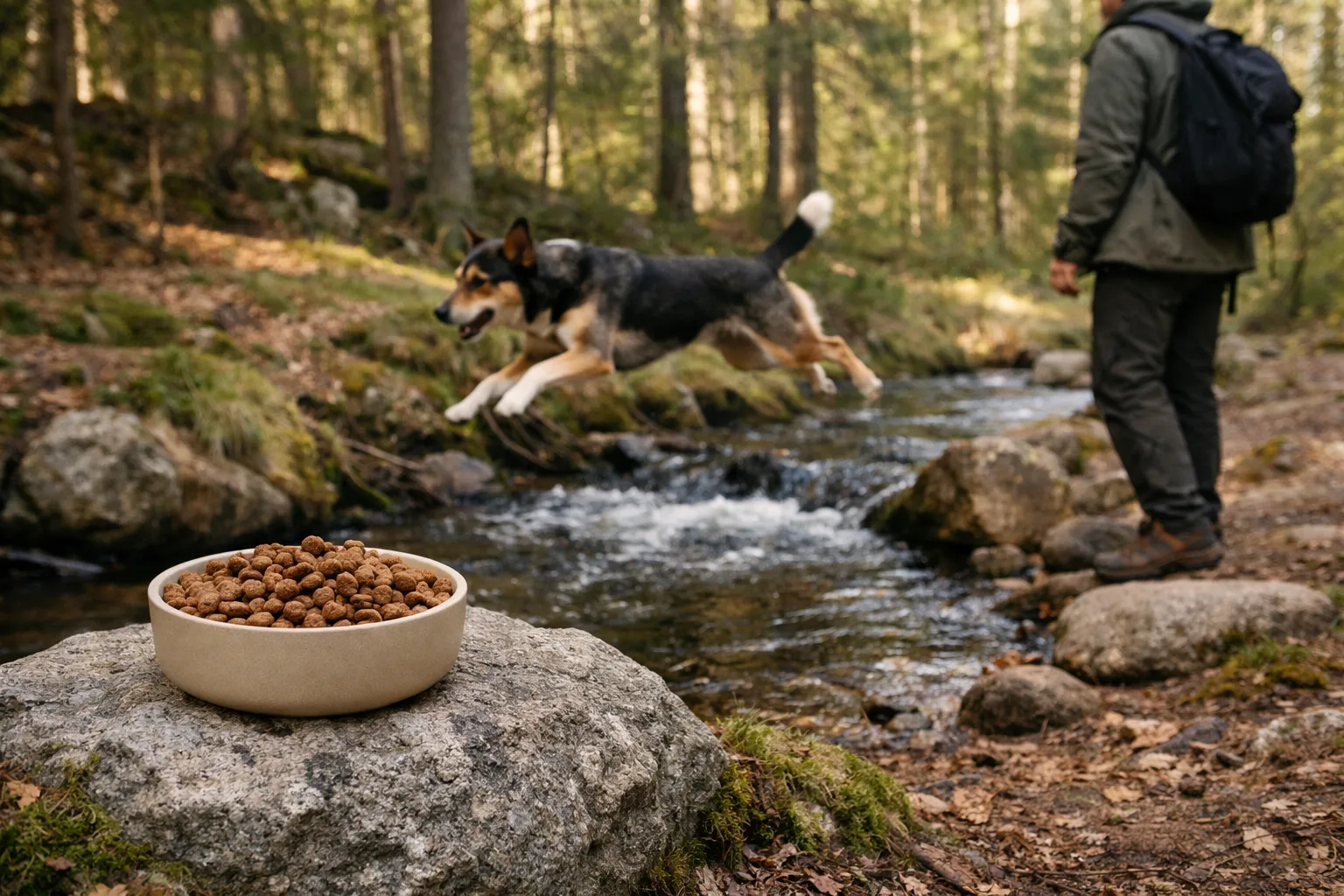 en aktiv hund hoppar över en bäck i en svensk skog, en skål med kibble syns i förgrunden på en sten