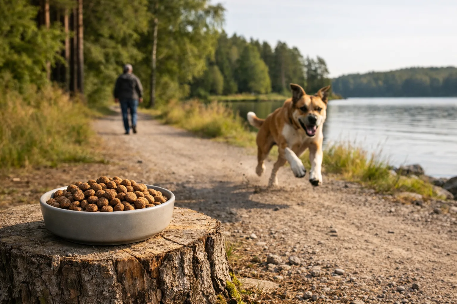 en atletisk hund i full fart på en grusväg vid en sjö, i förgrunden en skål med kibble på en trädstubbe