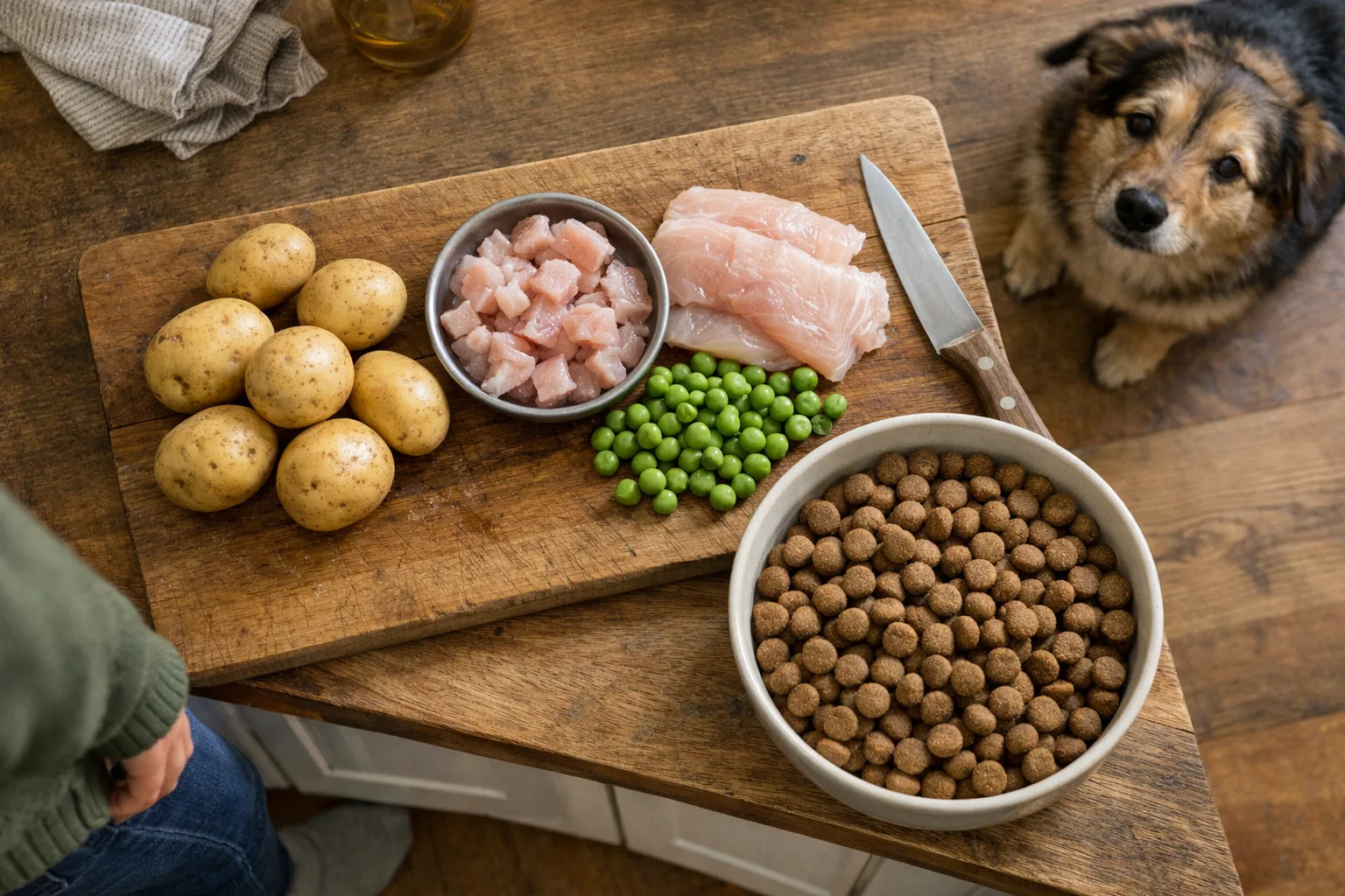 rå ingredienser som potatis, ärtor och fisk ligger på en skärbräda bredvid en skål med kibble, ovanifrån