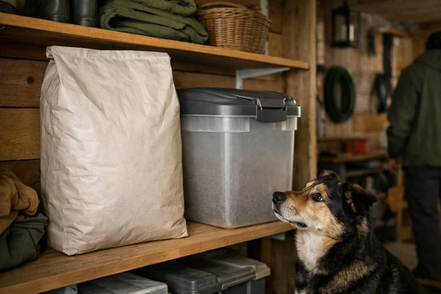 en stor neutral foderpåse i vuxenstorlek står på en bagagehylla i ett förråd bredvid en foderbehållare, en hund tittar nyfiket