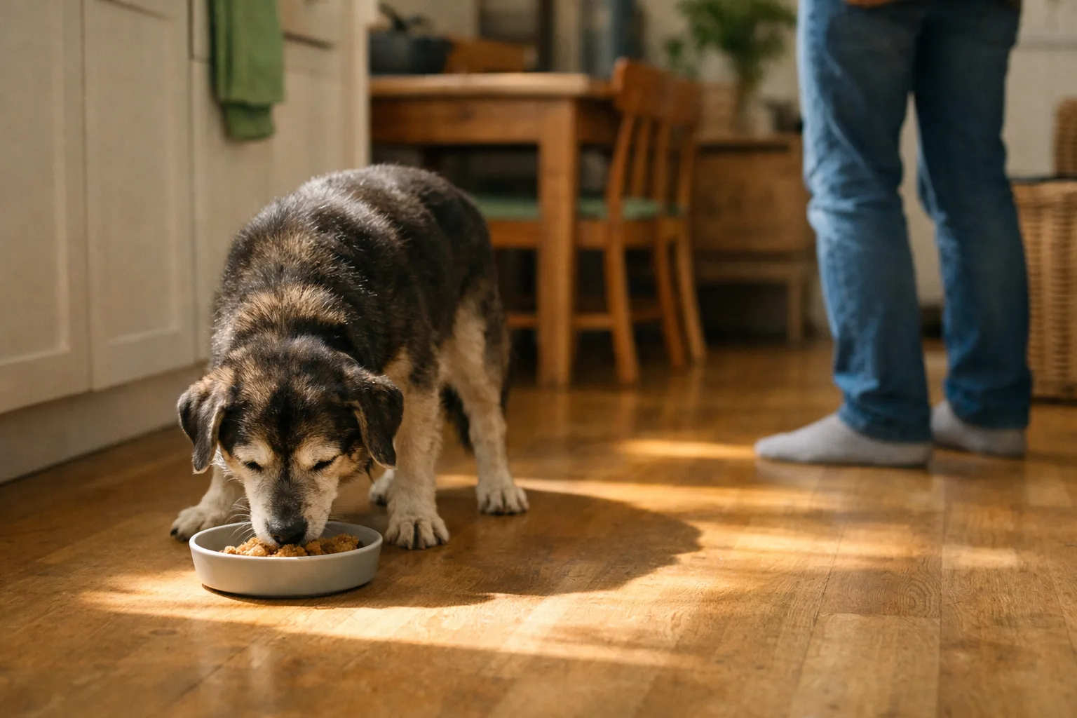en äldre hund äter lugnt i en solfläck på ett köksgolv