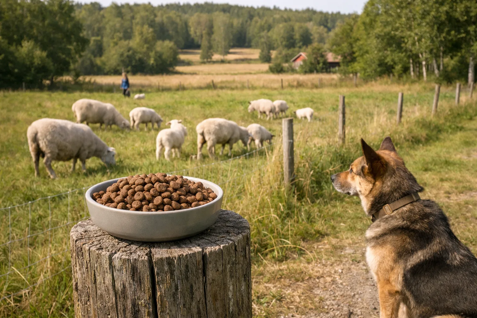 en fårhage med betande lamm i svenskt sommarlandskap i bakgrunden och en skål kibble i förgrunden på en trästolpe