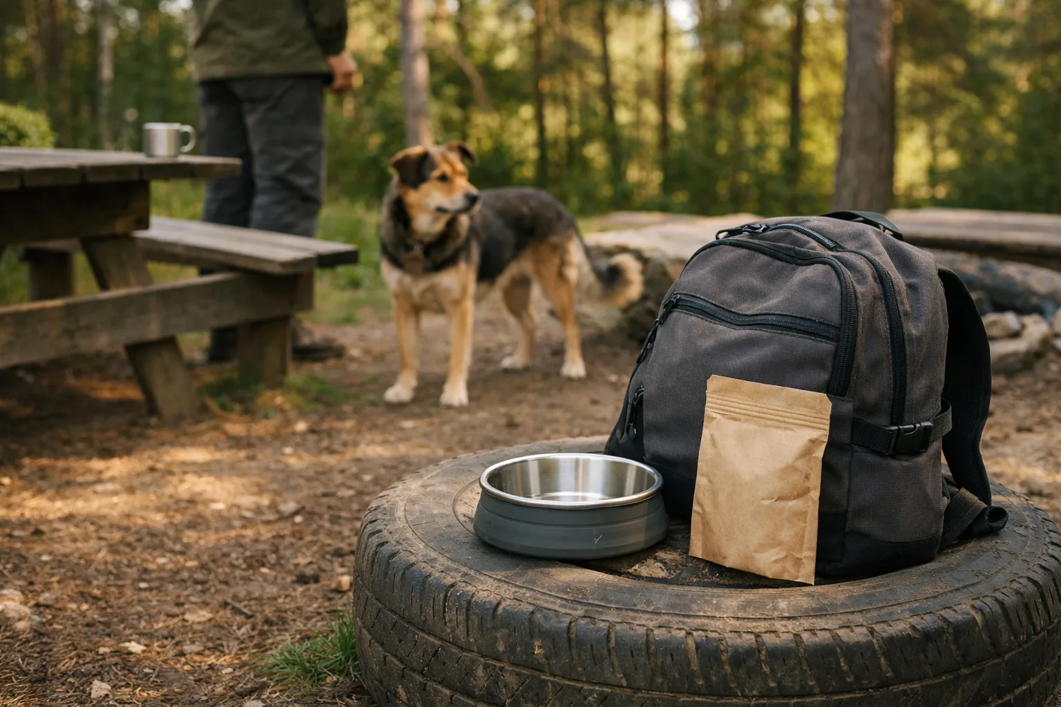en ryggsäck med en hundskål och en liten foderpåse på ett bildäck vid en rastplats, hunden i bakgrunden
