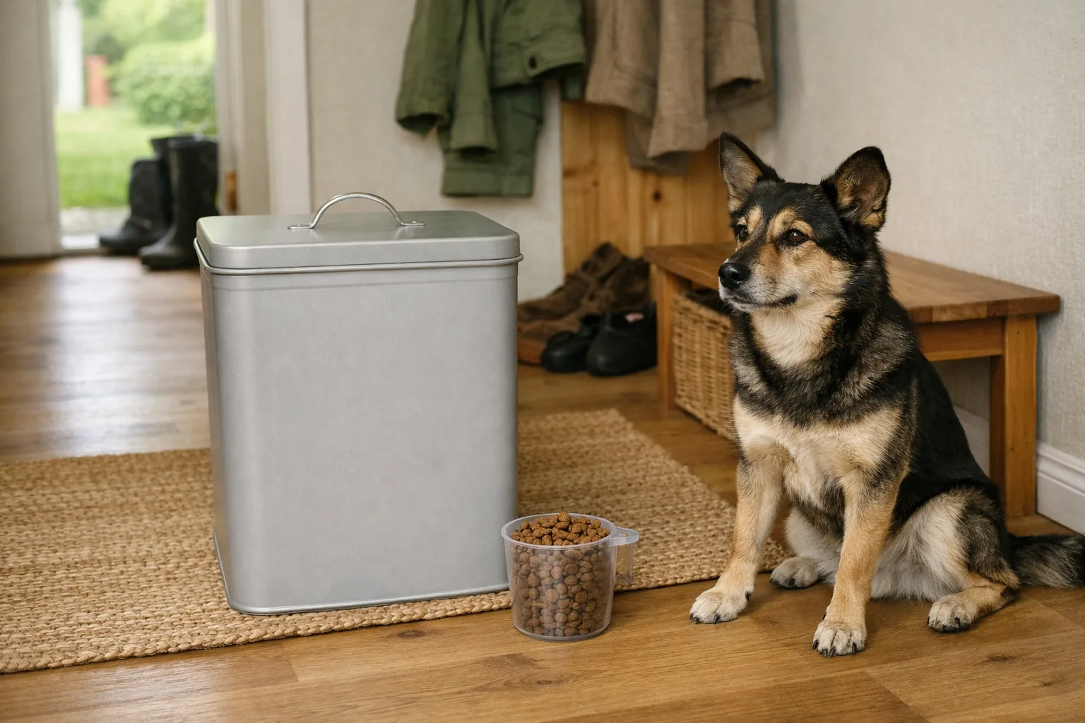 en stor neutral foderbehållare av plåt och en mätkopp i hallen i ett svenskt hem, en hund sitter vid sidan