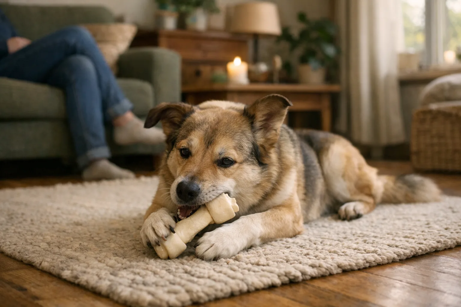 en hund tuggar på ett tuggben på en matta i ett vardagsrum, mjukt ljus