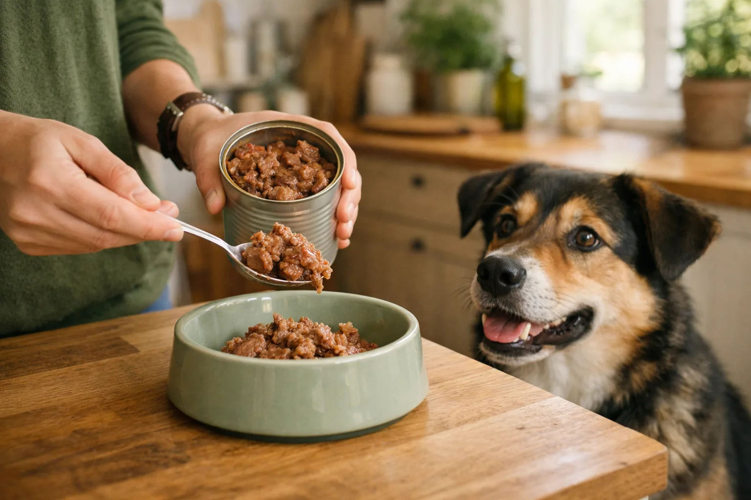 en sked tar upp foder ur en burk till en skål, hunden tittar förväntansfullt, svenskt kök