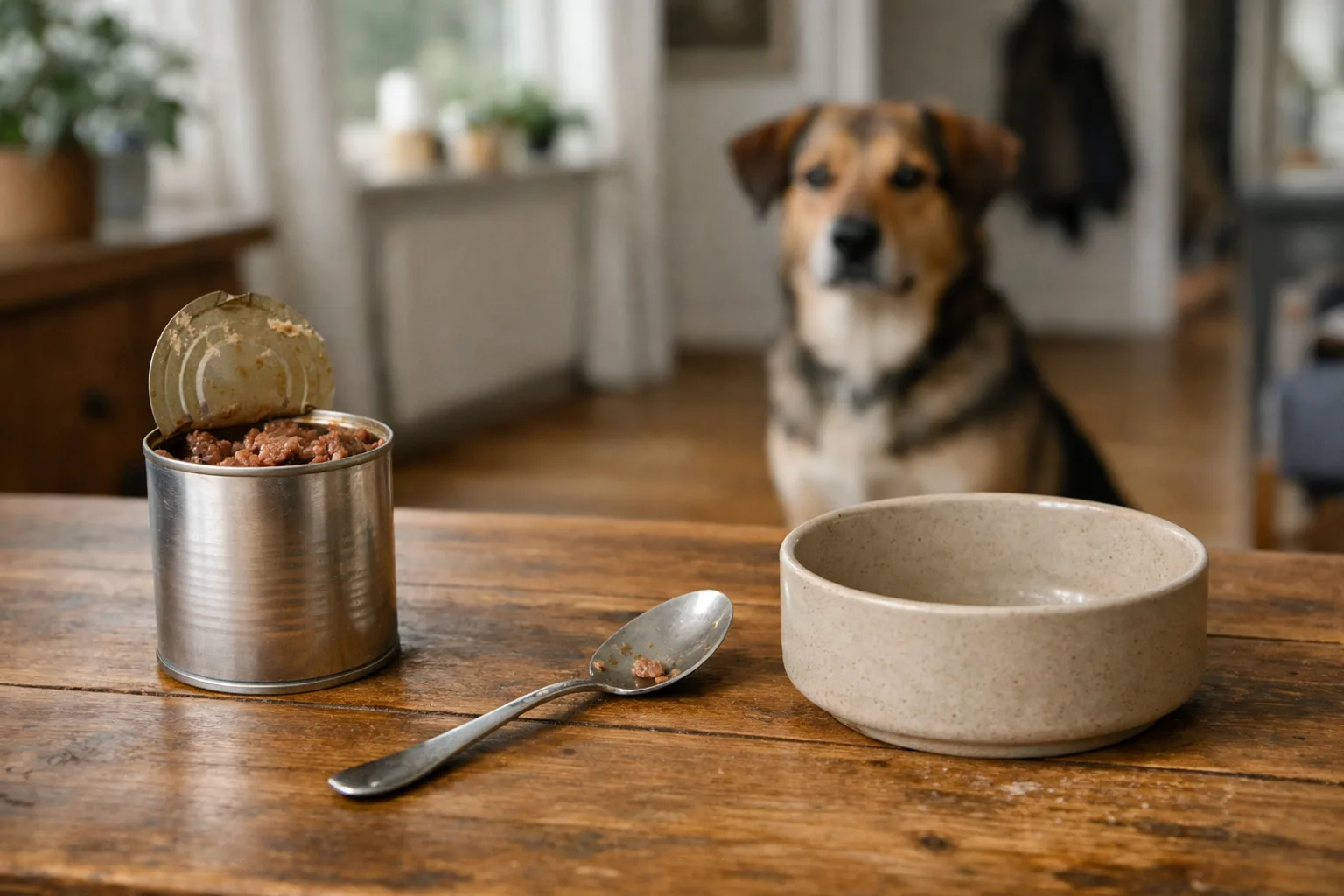 en öppnad foderburk utan etikett och en sked bredvid en keramikskål på ett träbord, hunden sitter i bakgrunden