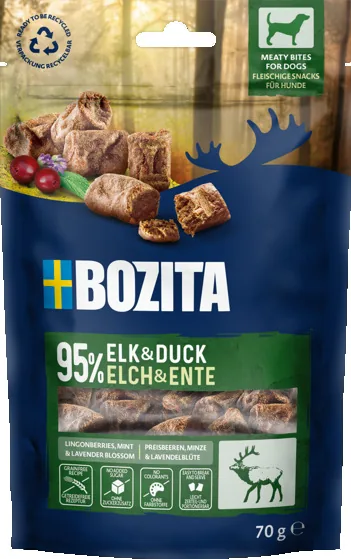 Påse med Bozita Snacks Meaty Bites Elk and Duck, 70 g
