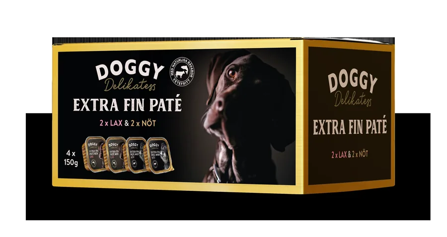 Fyra förpackningar Doggy Delikatess Paté Lax och Nöt, 4×150 g