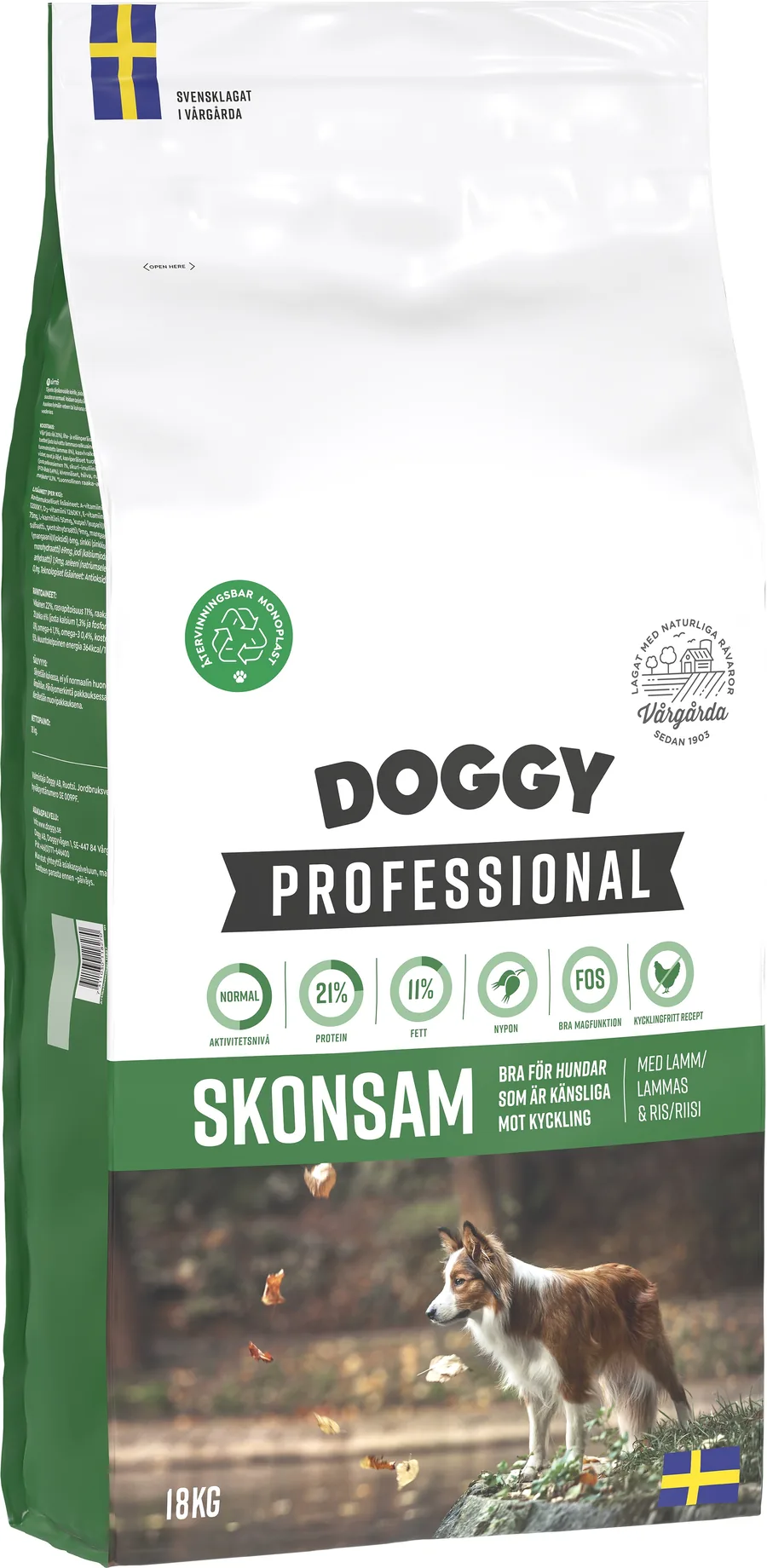 Säck med Doggy Professional Skonsam torrfoder, 18 kg
