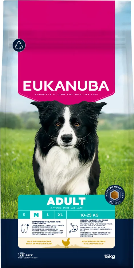 Säck med Eukanuba Adult Medium Chicken torrfoder, 18 kg