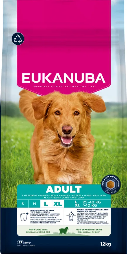 Säck med Eukanuba Adult Large Lamb & Rice torrfoder, 12 kg