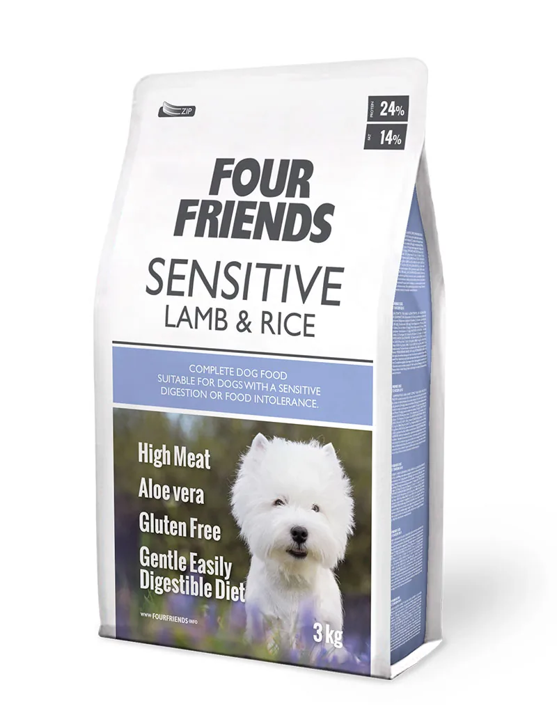 Säck med FourFriends Sensitive Lamb och Rice torrfoder, 3 kg