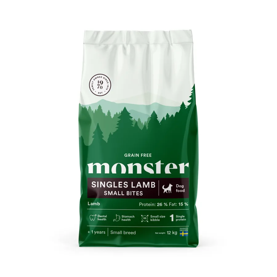 Säck med Monster Singles Lamb Small Bites torrfoder, 12 kg